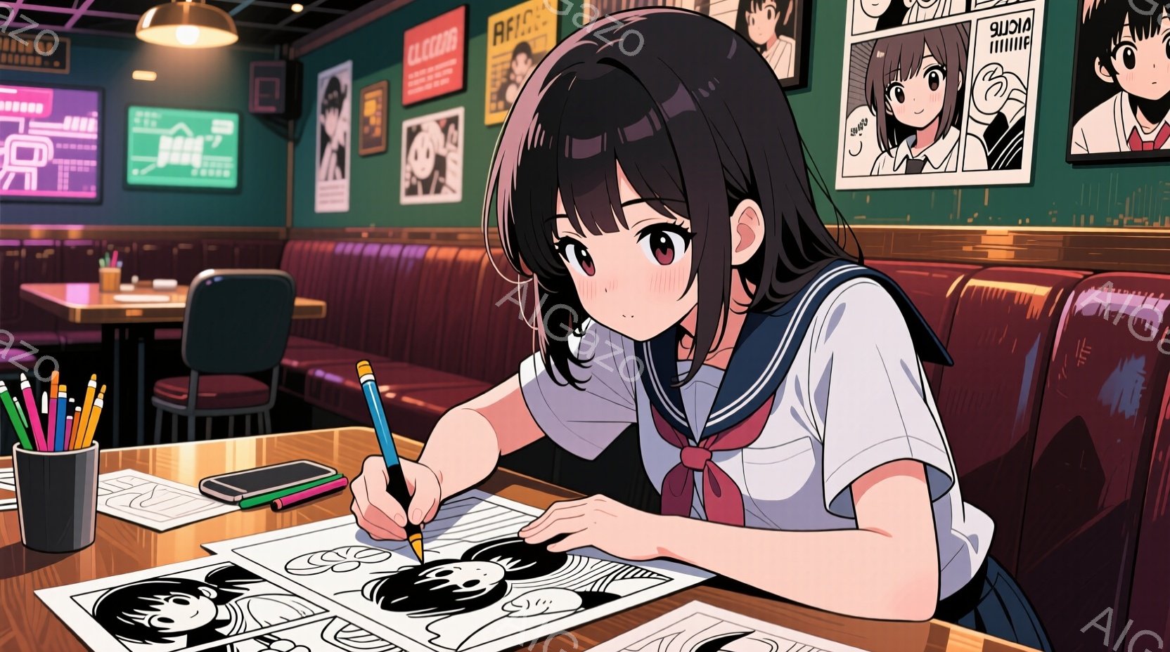 茶色の長い髪を結んだ少女が、漫画のコマに鉛筆で線を描いている。彼女はセーラー服を着ており、集中した表情で作業に没頭している。背景には、同じような漫画のコマが飾られた壁と、赤い座席が並んだカフェのような - AI生成フリー素材