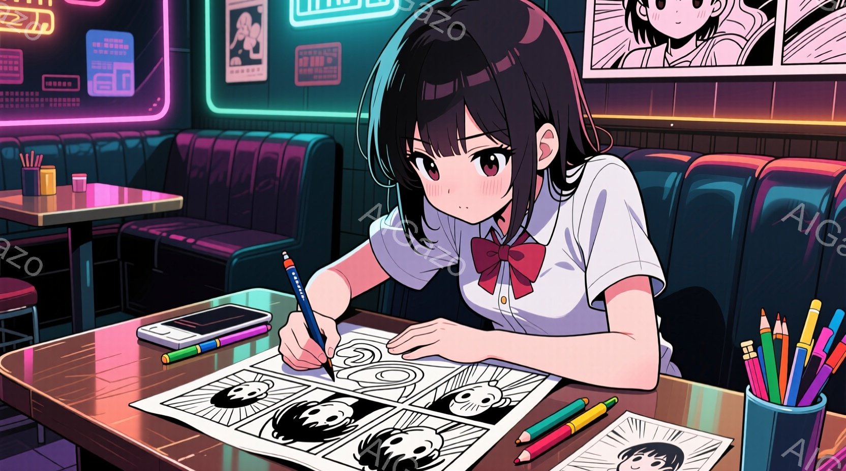 短い黒髪に整髪料で少し癖をつけた少女が描かれている。彼女は白いシャツに赤いリボン、そして濃い色のベストを着ており、テーブルに座ってスケッチブックにペンでイラストを描いている。背景には、ネオンライトが光る居酒屋のような場所があり、テーブルの上にはスマートフォンと色鉛筆が置かれている。