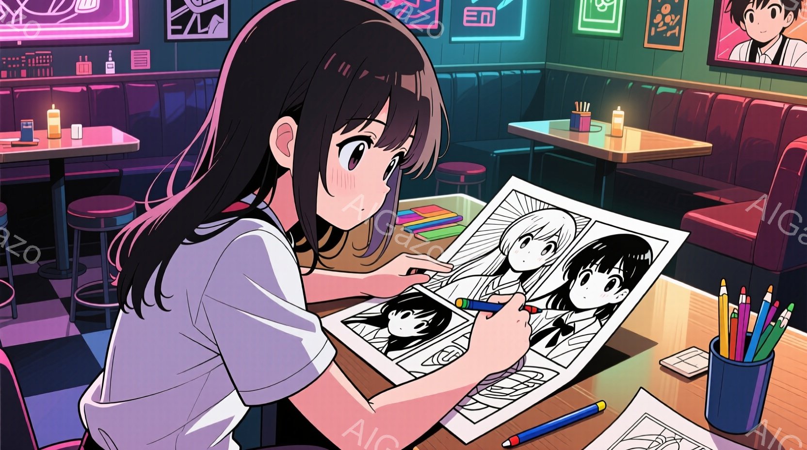 長い黒髪の少女が、カフェのような場所で漫画のコマをペン入れしている様子が描かれています。彼女は白いシャツにネクタイをしており、集中した表情で作品に取り組んでいます。背景には、赤いシートの座席と、様々な漫画のパネルが飾られた壁が見え、レトロで活気のある雰囲気が漂っています。