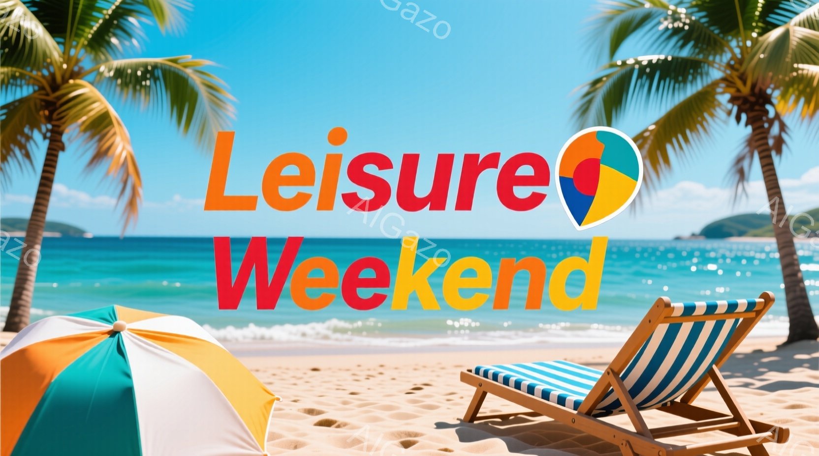 白砂のビーチに、ストライプの青と白のビーチチェアが置かれています。鮮やかなオレンジと緑のパラソルが近くにあり、ターコイズブルーの海とヤシの木が背景に広がっています。晴天で穏やかな雰囲気があり、リラックスした週末の休暇を連想させます。