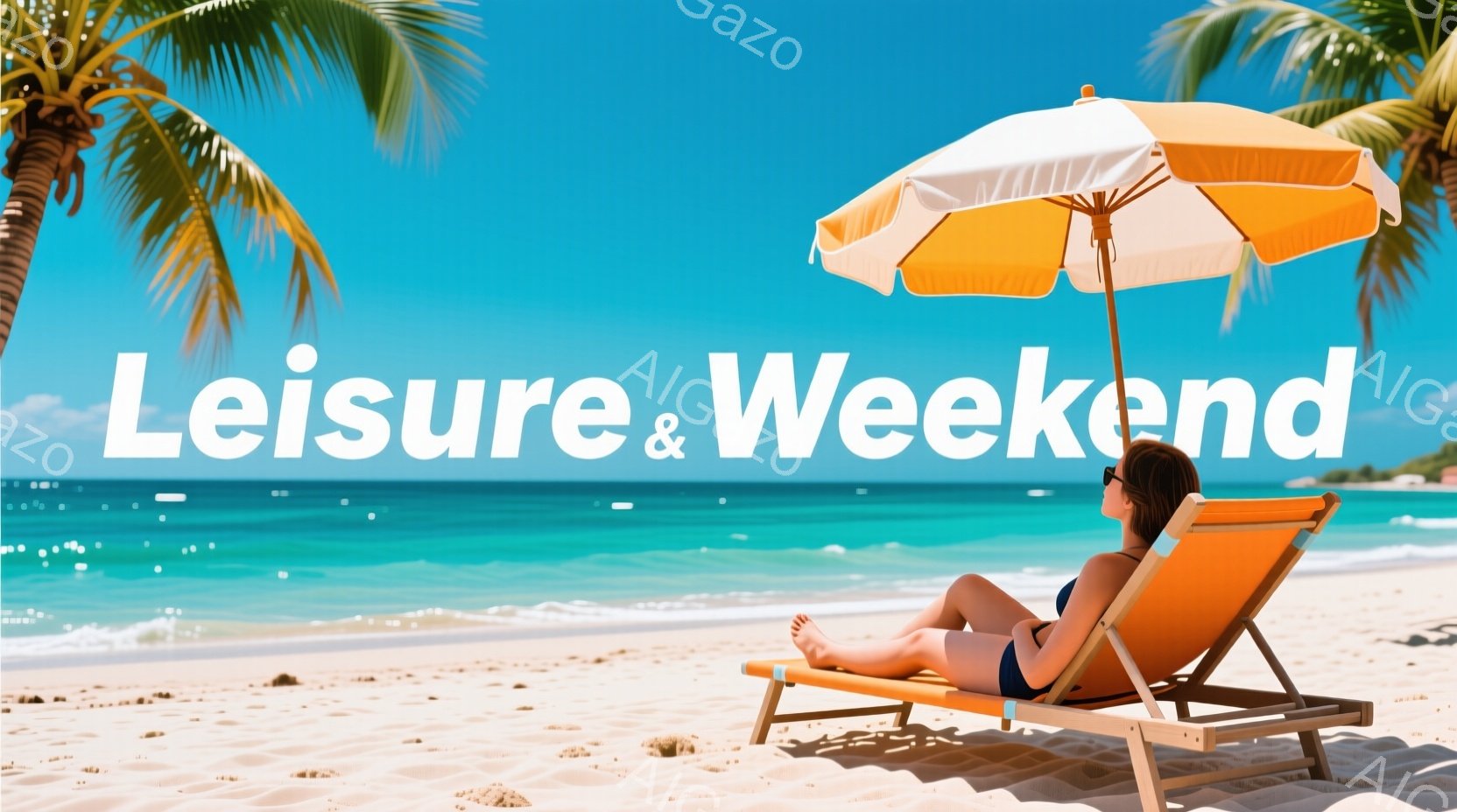 砂浜に置かれたビーチチェアに女性が横たわっており、鮮やかな青い海と青空が広がっています。彼女は水色のビキニを着ており、足を軽く組んでリラックスした様子で、日差しを遮るオレンジ色のパラソルが印象的です。全体的に晴天に恵まれた、のどかで穏やかな夏の日の雰囲気が伝わってきます。