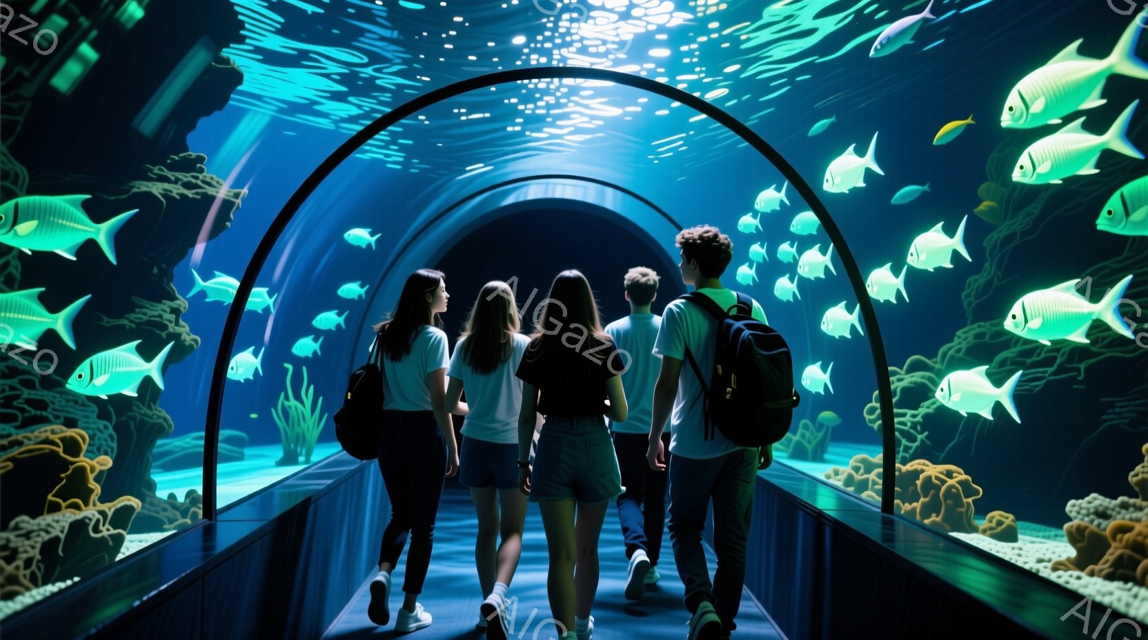 4人の人物が水族館のトンネルの中を歩いている様子が捉えられています。彼らは皆バックパックを背負い、カジュアルな服装で、後ろ姿からは表情は読み取れませんが、リラックスした雰囲気が感じられます。トンネル内は水中で、様々な種類の魚やサンゴ礁が広がり、幻想的で神秘的な雰囲気を醸し出しています。
