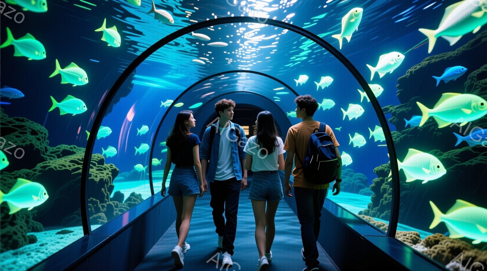 三人の若者が水族館のトンネルの中を歩いている。一人はデニムジャケットとジーンズを着ており、他の二人は白いTシャツと短いデニムのズボンを着ている。鮮やかな青色の水と様々な魚たちがトンネルの壁に描かれており、幻想的で穏やかな雰囲気を醸し出している。