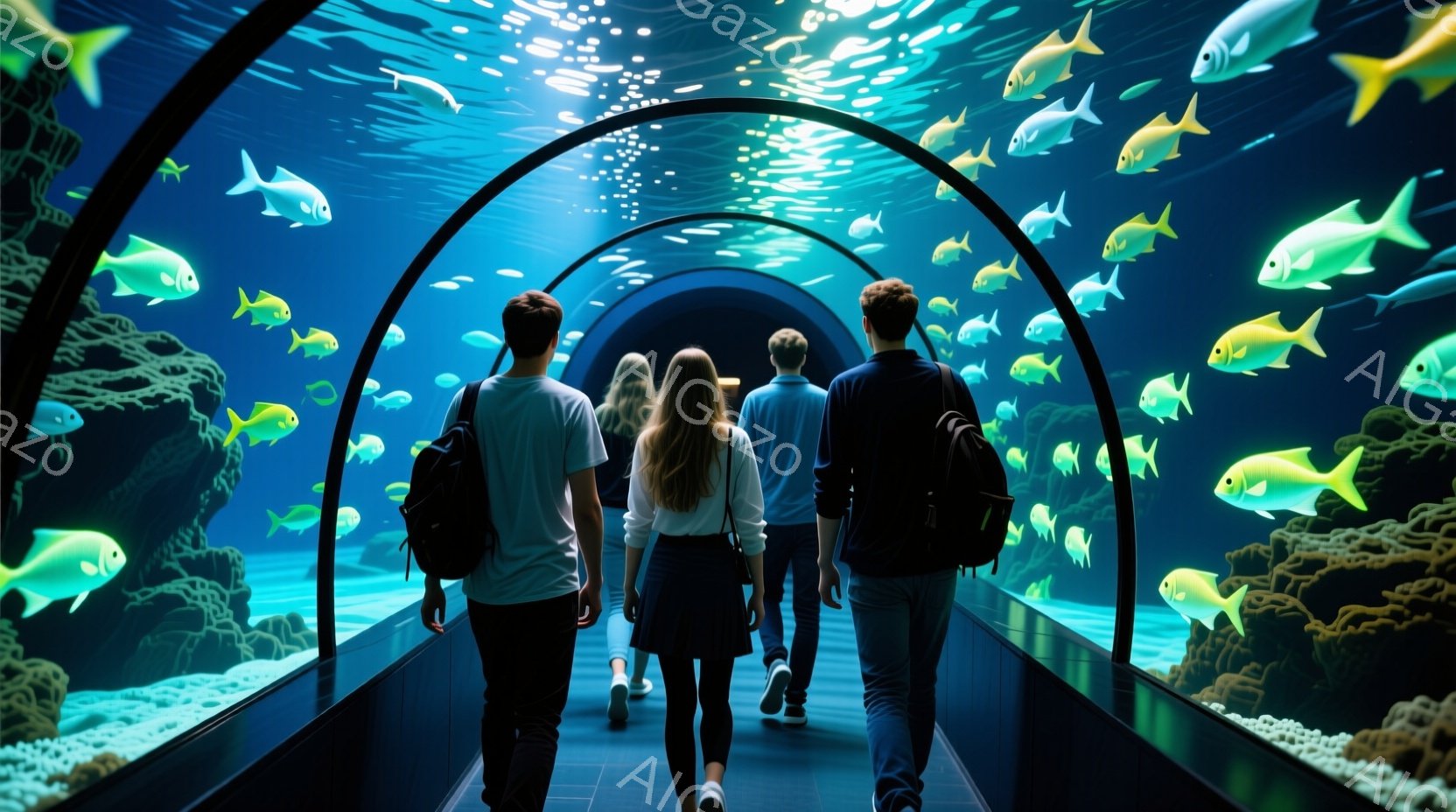 ３人の人物が水族館のトンネルの中を歩いている様子が描かれている。全員バックパックを背負っており、男性は白いTシャツ、女性は白いブラウスに紺色のスカート、もう一人の男性は黒いTシャツを着ている。トンネル内は水中で、たくさんの黄色い魚や海中植物があり、水面の光が差し込み幻想的な雰囲気を醸し出している。