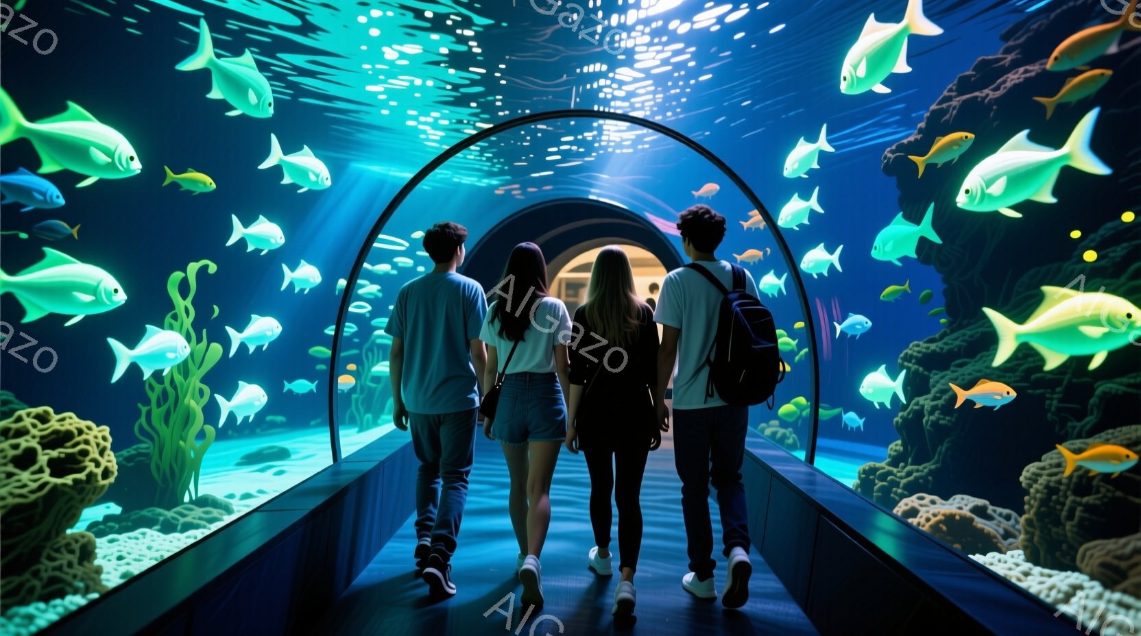 三人の人物が水槽の中を歩く通路に立っている。彼らはカジュアルな服装で、一人は白いTシャツとジーンズ、一人は黒いトップスとショートパンツ、そしてもう一人は黒いTシャツとパンツを着用している。水槽内には様 - AI生成フリー素材