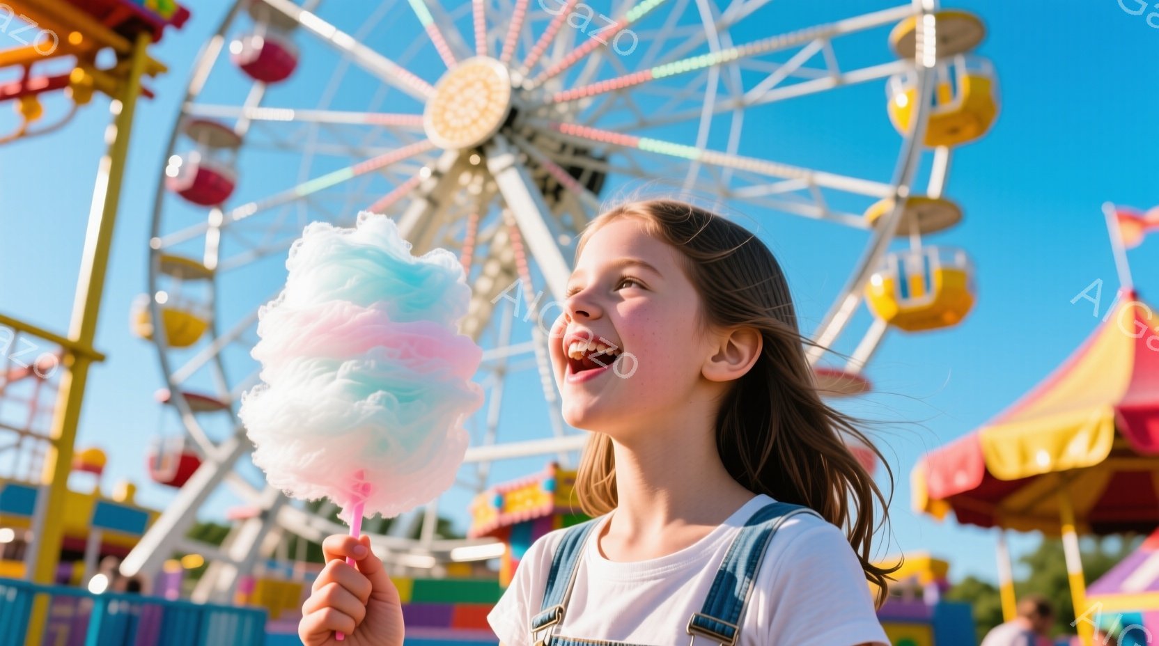 明るい青空の下、少女が大きな綿あめを手に笑顔で上を見ている。彼女は白いTシャツにデニムのオーバーオール姿で、髪は肩まで伸びて少しカールしている。背景には観覧車や屋台が見え、遊園地の賑やかな雰囲気が伝わってくる。