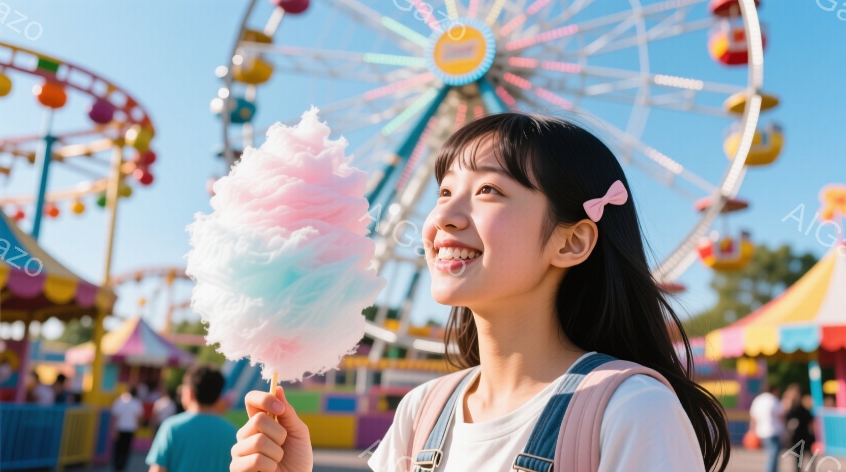長い黒髪にピンクのリボンをつけた若い女性が、大きな綿菓子を手に嬉しそうに微笑んでいます。白いTシャツにサスペンダー付きのオーバーオール姿で、背景には遊園地の観覧車やカラフルな屋台が見え、晴れた空の下で明るい雰囲気が漂っています。彼女は少し上目遣いで綿菓子を見つめており、楽しげな一日を過ごしている様子が伺えます。