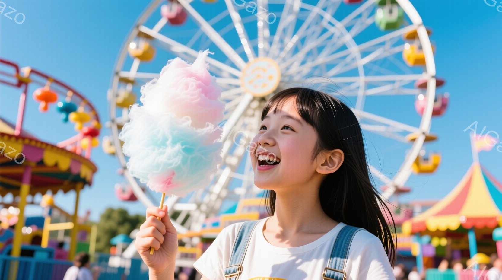 黒髪の若い女性が、ピンク色の綿あめを高く掲げ、満面の笑みを浮かべている。白いTシャツにオーバーオール姿で、遊園地のカラフルな観覧車とテントが背景に見える晴れた空の下、楽しげな雰囲気が漂っている。彼女は顔を少し上に向けており、綿あめと遊園地を楽しむ様子が伝わってくる。