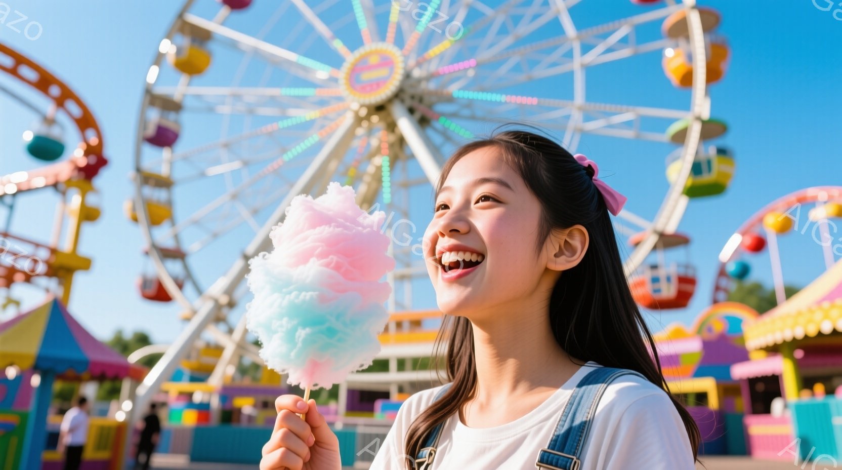 若い女性が綿あめを持って笑顔でこちらを見ている。彼女は白いTシャツとオーバーオールを着ており、髪は後ろで結ばれており、前髪が少し垂れている。背景には遊園地の観覧車や屋台が見え、晴れた空の下で明るく楽しい雰囲気が漂っている。