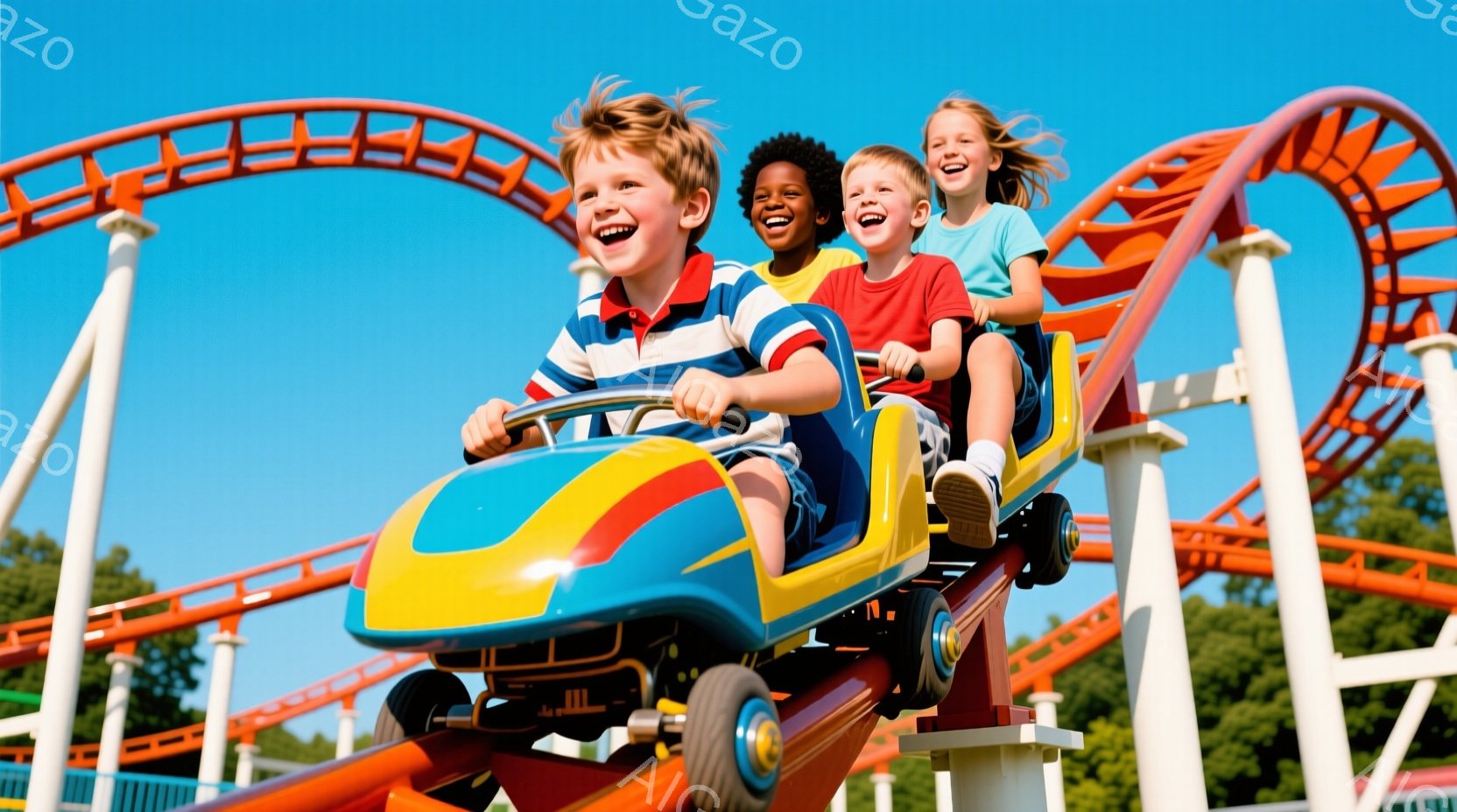 鮮やかなオレンジと白の遊園地コースターに乗っている子供たちが写っています。ブロンドの少年は縞模様のシャツを着ており、黒人の少女は赤いシャツを着ています。背景には緑の木々と青空が広がり、子供たちの楽しそうな表情と合わせて、陽気で活気のある雰囲気が漂っています。