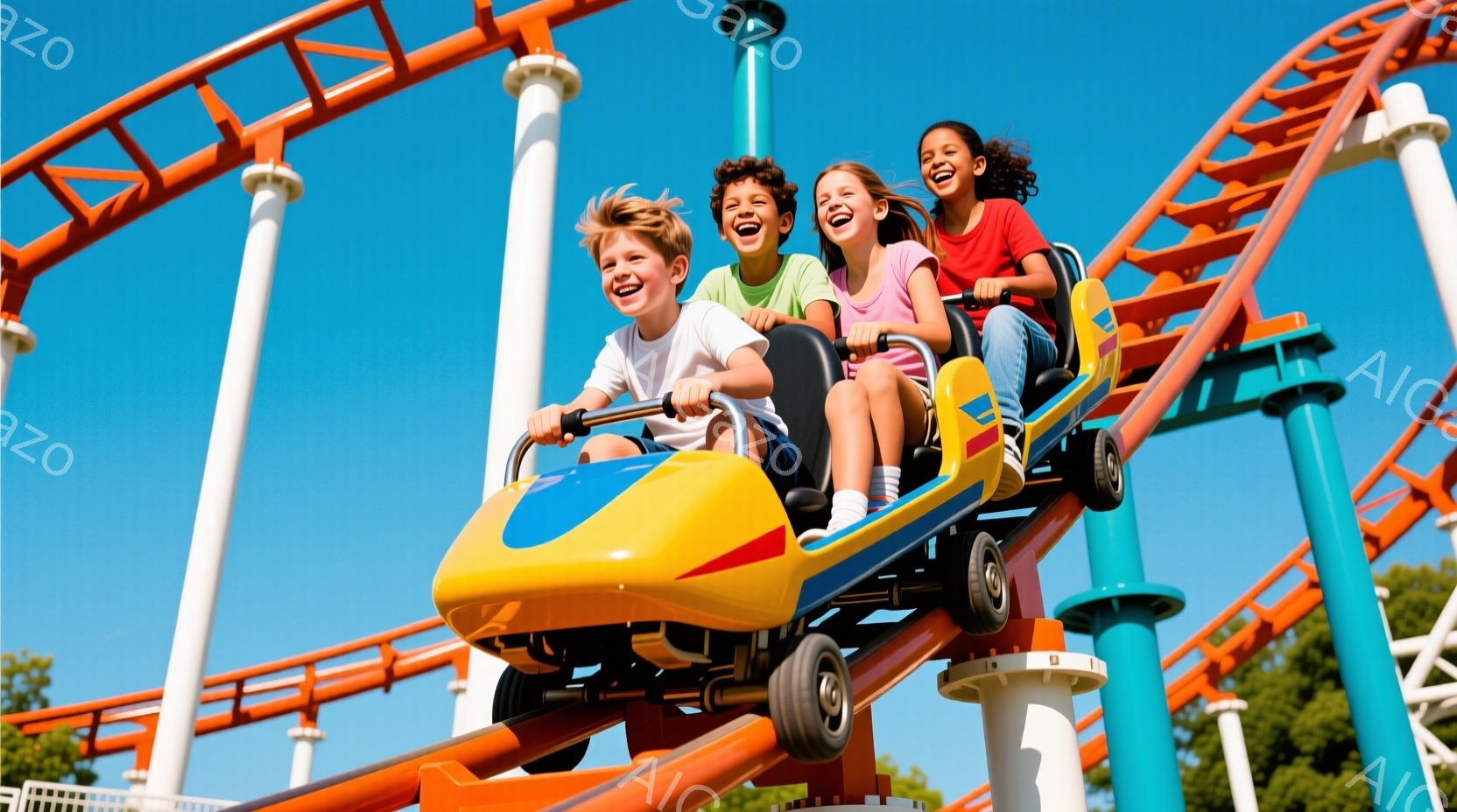 鮮やかなオレンジ色のジェットコースターに乗っている３人の子供たちが写っています。金髪の男の子は青いシャツと短パン、ブロンドの女の子はピンクのシャツとジーンズ、そして巻き毛の女の子は赤いシャツを着ています。彼らは皆笑顔で、ジェットコースターが下り坂を走る様子が、晴れた空と緑豊かな背景の中で、楽しさと興奮に満ちた雰囲気を伝えています。