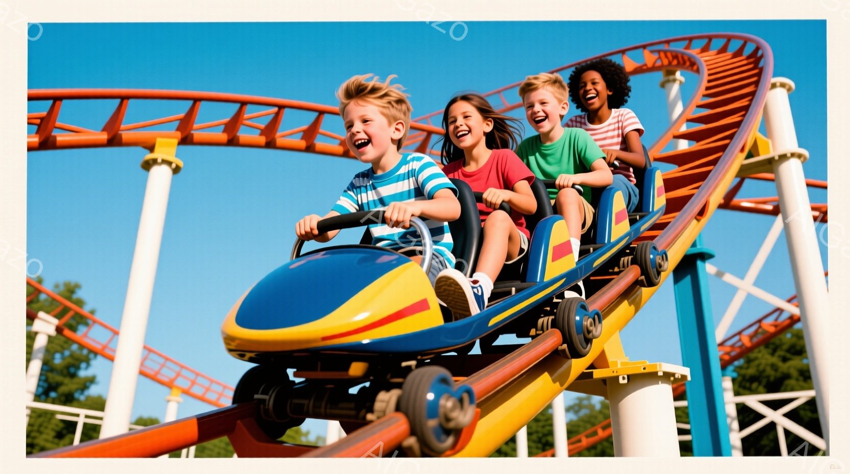 鮮やかな青空の下、ジェットコースターに乗っている子供たちが写っている。ブロンドの髪をした少年、茶髪の少女、黒髪の少女の３人は、興奮した表情で楽しんでいる。コースターは青と黄色のストライプで、背景には遊園地の構造物と緑豊かな木々が見え、快晴の遊園地で楽しんでいる様子が伝わってくる。