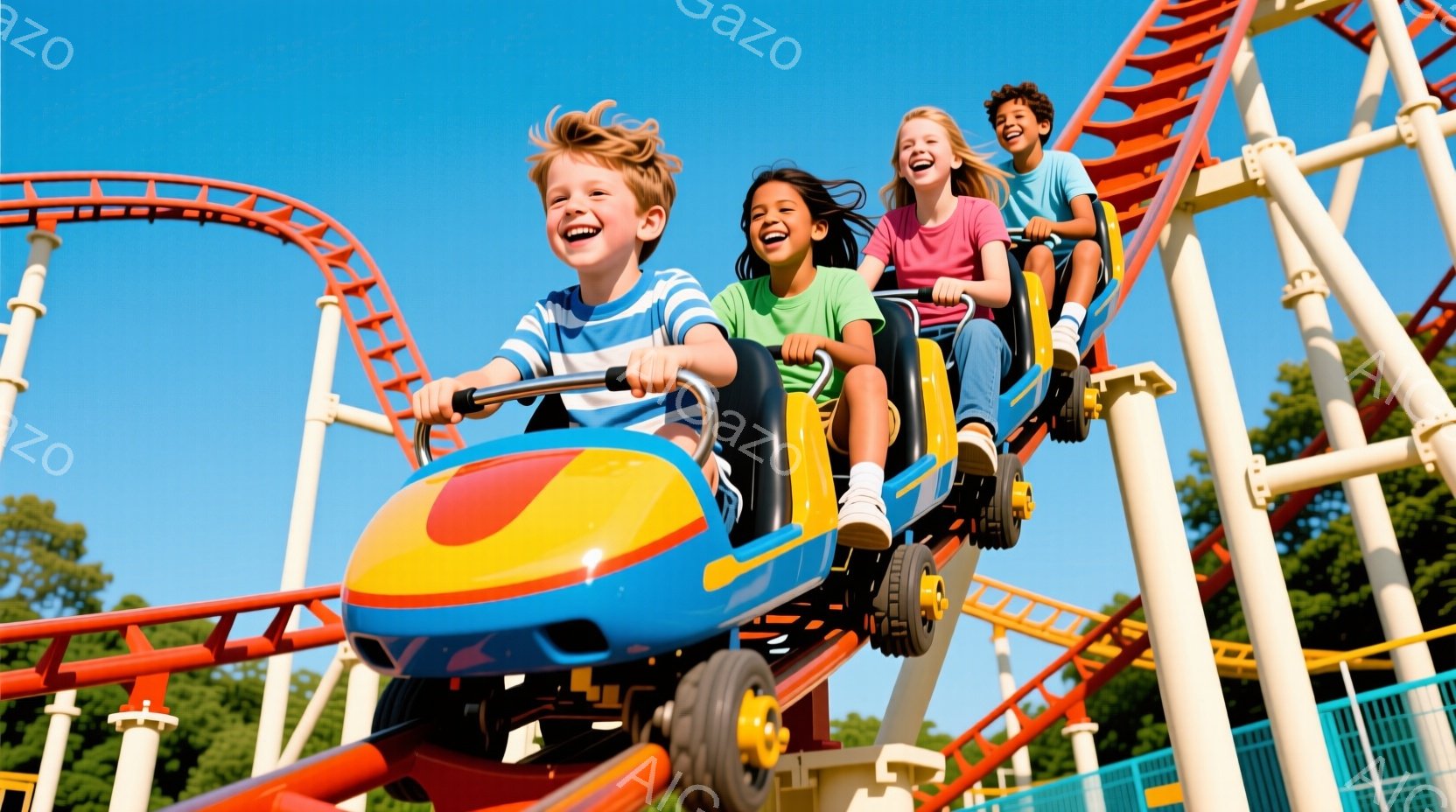 遊園地のジェットコースターに乗っている子供たちが写っています。ブロンドの髪の少年はストライプのシャツを着ていて、笑顔で両手を上げています。背景には青空とジェットコースターのレールが広がり、子供たちの楽 - AI生成フリー素材