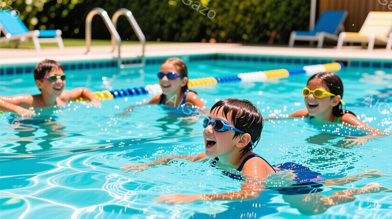 プールの中で、ゴーグルをかけた子供たちが楽しそうに泳いでいる様子が写っている。彼らは水しぶきを上げながら、喜びと興奮に満ちた表情をしている。背景には青い空と緑の木々が見え、晴れた日のレジャーを楽しんで - AI生成フリー素材