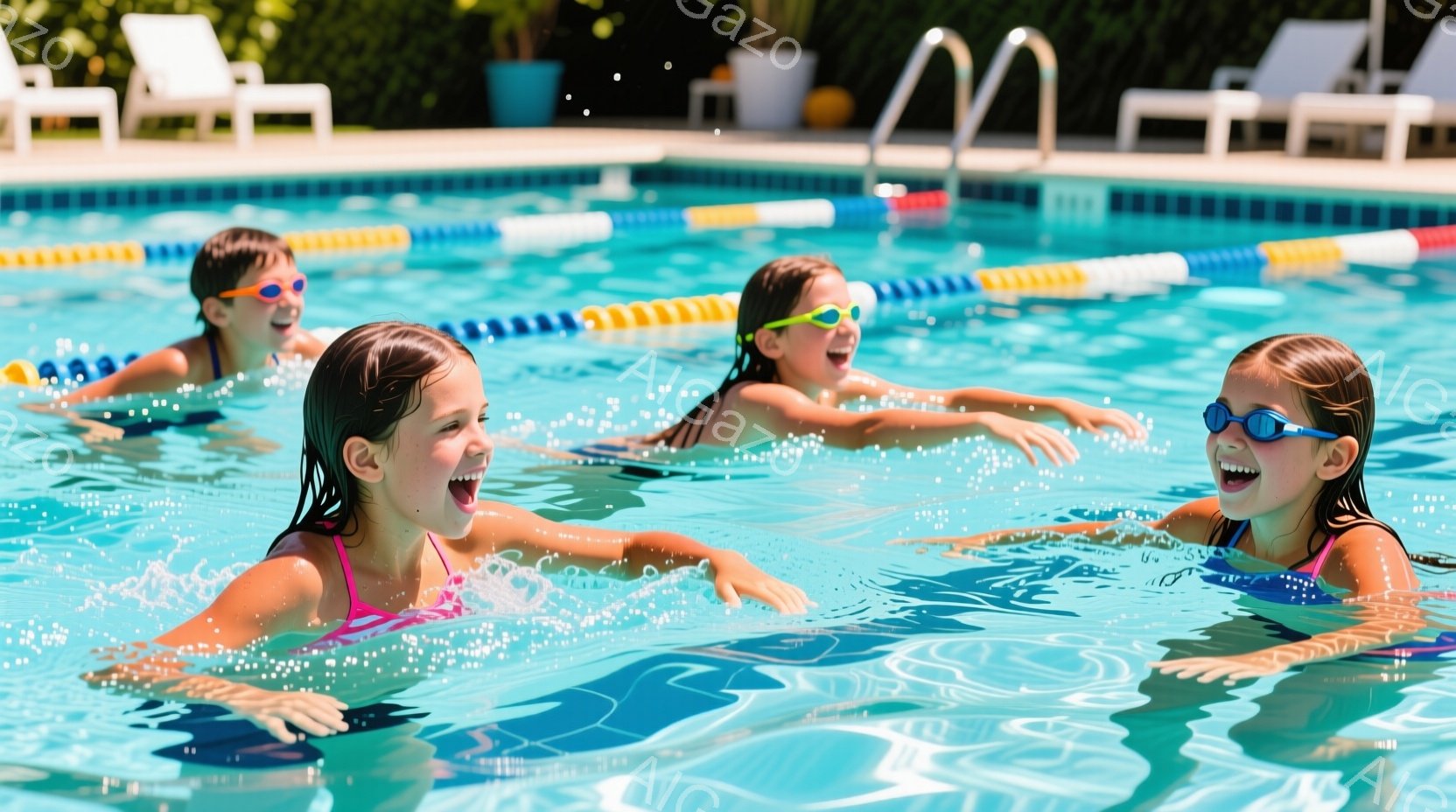 水泳場で、三人の少女が水中で楽しそうに笑っています。それぞれ水着を着ており、ゴーグルをかけています。背景には青い空と緑の植物が見え、リラックスした夏の雰囲気が漂っています。