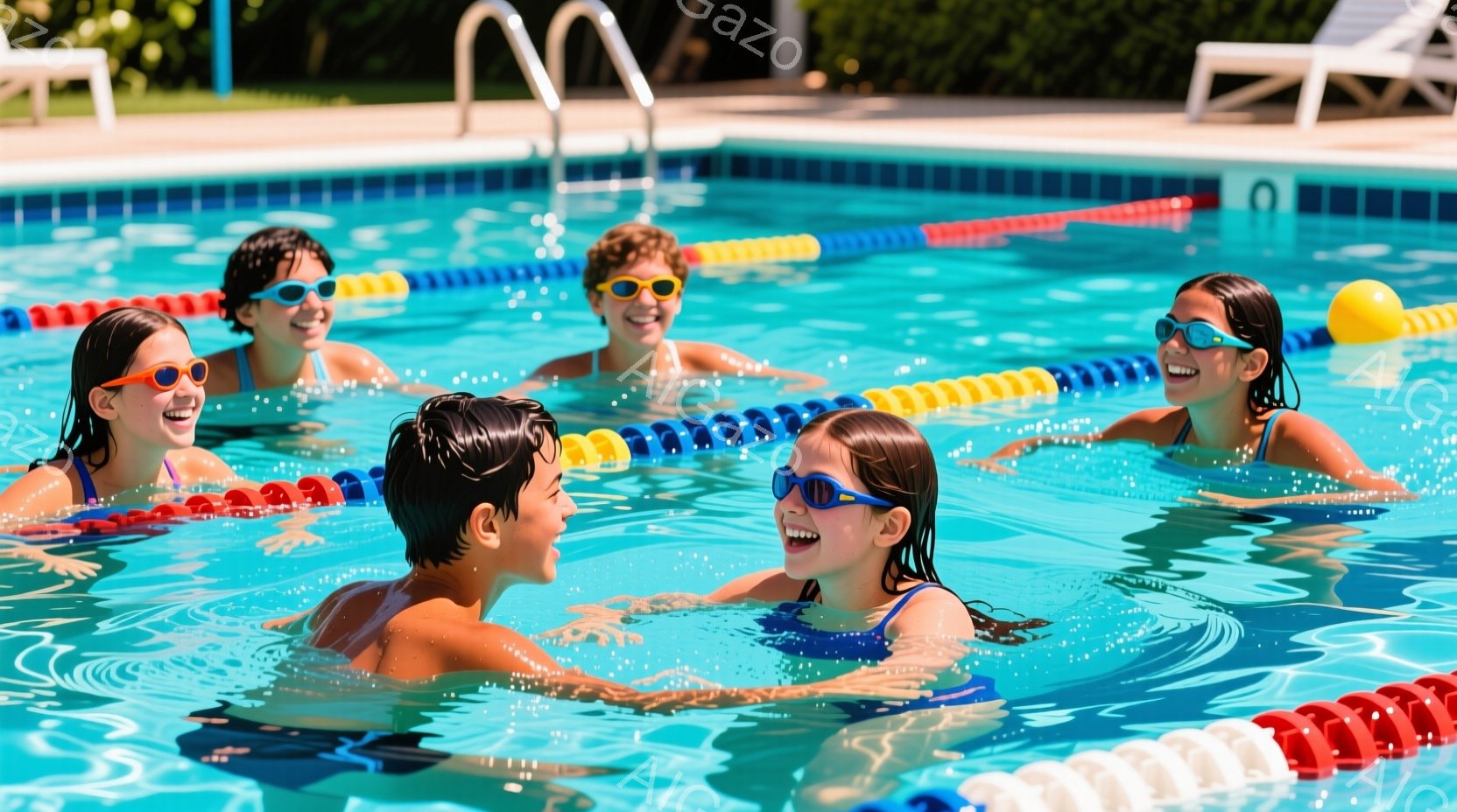 プールの中で、ゴーグルをかけた子供たちが楽しそうに遊んでいます。男の子は水中で女の子と顔を合わせて微笑み、他の子供たちは周囲でリラックスした表情で浮かんでいます。背景には青空と緑豊かな木々が見え、晴れた日の穏やかな夏の雰囲気が漂っています。
