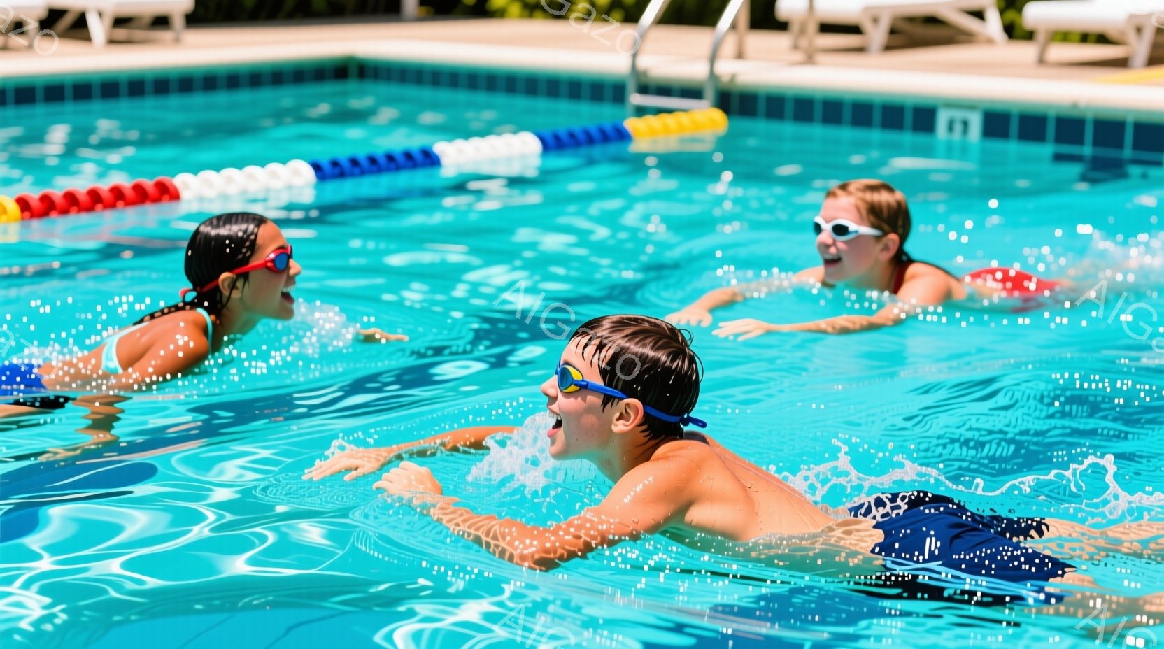 水色のプールの中で、少年と少女が水遊びを楽しんでいます。少年は濃い青色の水着にゴーグルをつけ、口を開けて何かを叫んでいるような表情をしています。背景にはプールサイドの白い椅子や、青空、そして緑豊かな自然が見え、晴れた日の活気ある雰囲気が伝わってきます。