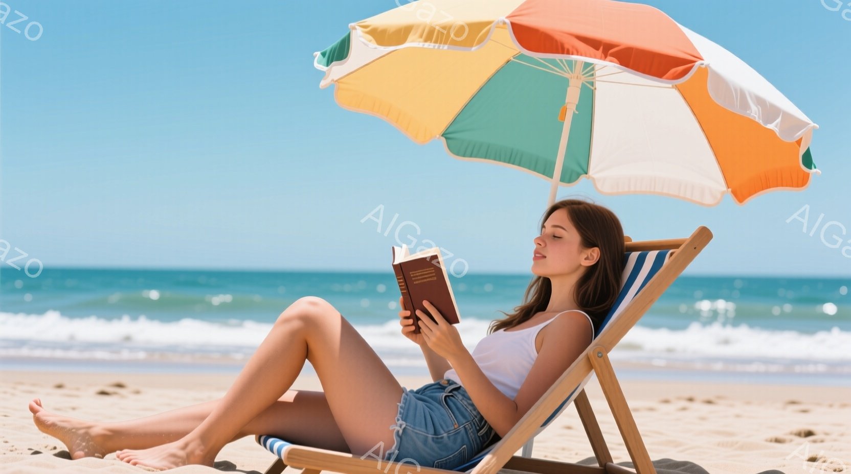 金髪の女性がビーチチェアに横たわり、本を読んでいます。白いタンクトップとデニムのショートパンツを着ており、リラックスした表情をしています。背景には青い海と空、そしてカラフルなストライプのパラソルがあり、晴れた日の穏やかなビーチの雰囲気を醸し出しています。
