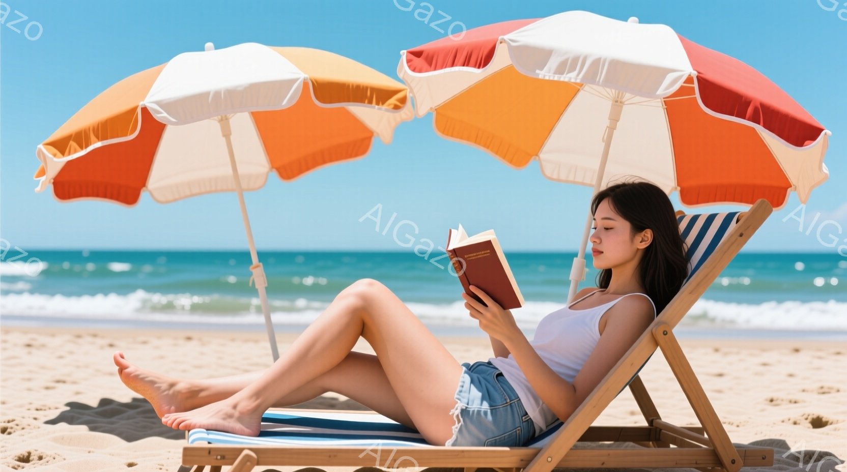 長い髪を後ろでまとめた女性が、砂浜のビーチチェアで本を読んでいます。白いタンクトップとデニムのショートパンツを着ており、表情はリラックスしています。背景には青い海と空、そしてオレンジと白のストライプのパラソルがあり、晴れた日の穏やかな雰囲気が漂っています。