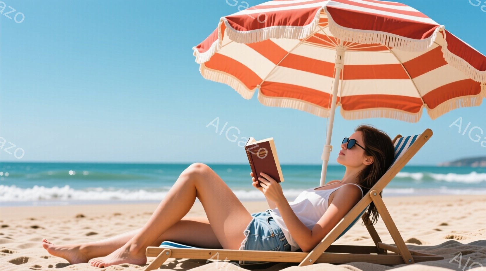 金髪の女性がビーチチェアに横たわり、本を読んでいます。白いタンクトップとデニムのショートパンツを着ており、サングラスをかけて日差しを遮っています。背景には青い海と空が広がり、ストライプ柄のパラソルが日差しから守り、リラックスした夏の雰囲気を醸し出しています。