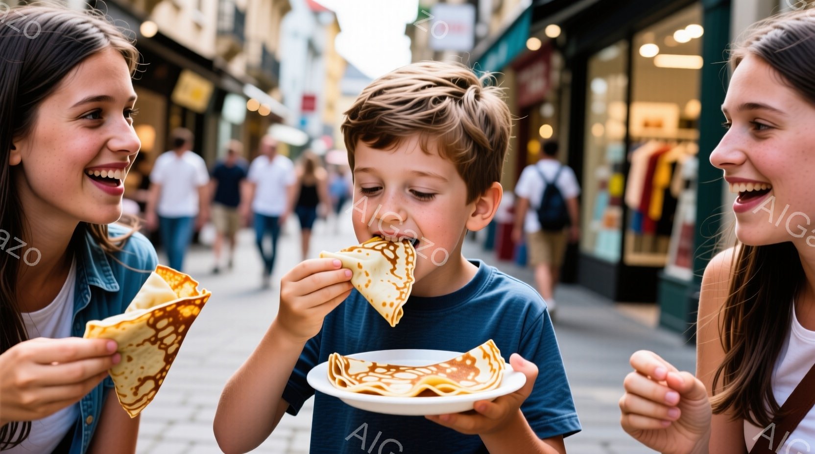 二人の若い女性と一人の少年が、それぞれクレープを手にしている様子が写っている。少年は青いTシャツを着て、クレープを美味しそうに食べており、女性たちは笑顔でクレープを持っている。背景は石畳の道と建物が並 - AI生成フリー素材