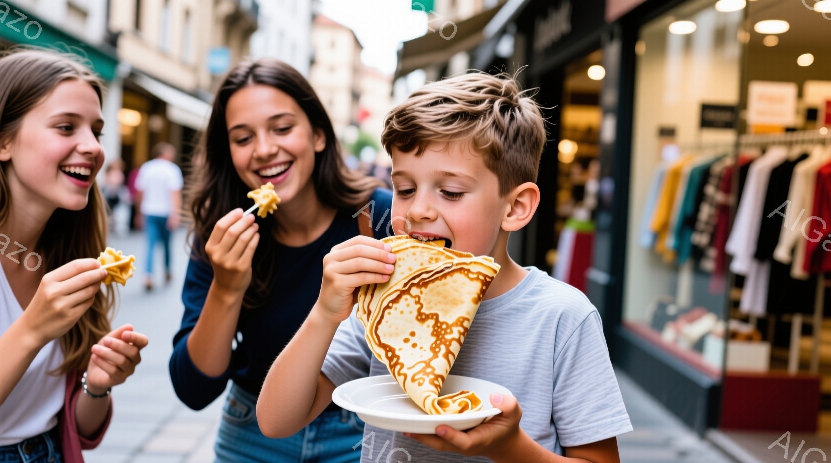 二人の若い女性と一人の少年が、それぞれクレープを食べている様子が写っている。少年は明るいブルーのTシャツを着ており、クレープを両手で持って美味しそうに頬張っている。背景には石畳の道と、カラフルな服が並んだお店があり、晴れた日の賑やかな観光地の雰囲気が感じられる。