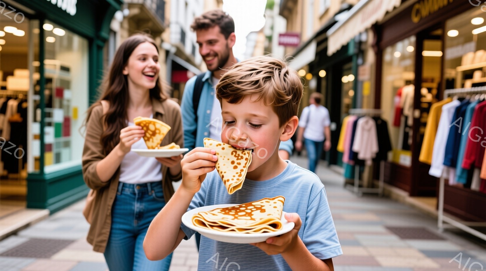 少年はクレープを美味しそうに食べており、母親が笑顔で彼を見守っています。二人は石畳の道沿いを歩いており、背景にはカラフルな服が並んだ店が並んでいます。晴れた日の賑やかな観光地の様子で、明るく活気のある - AI生成フリー素材