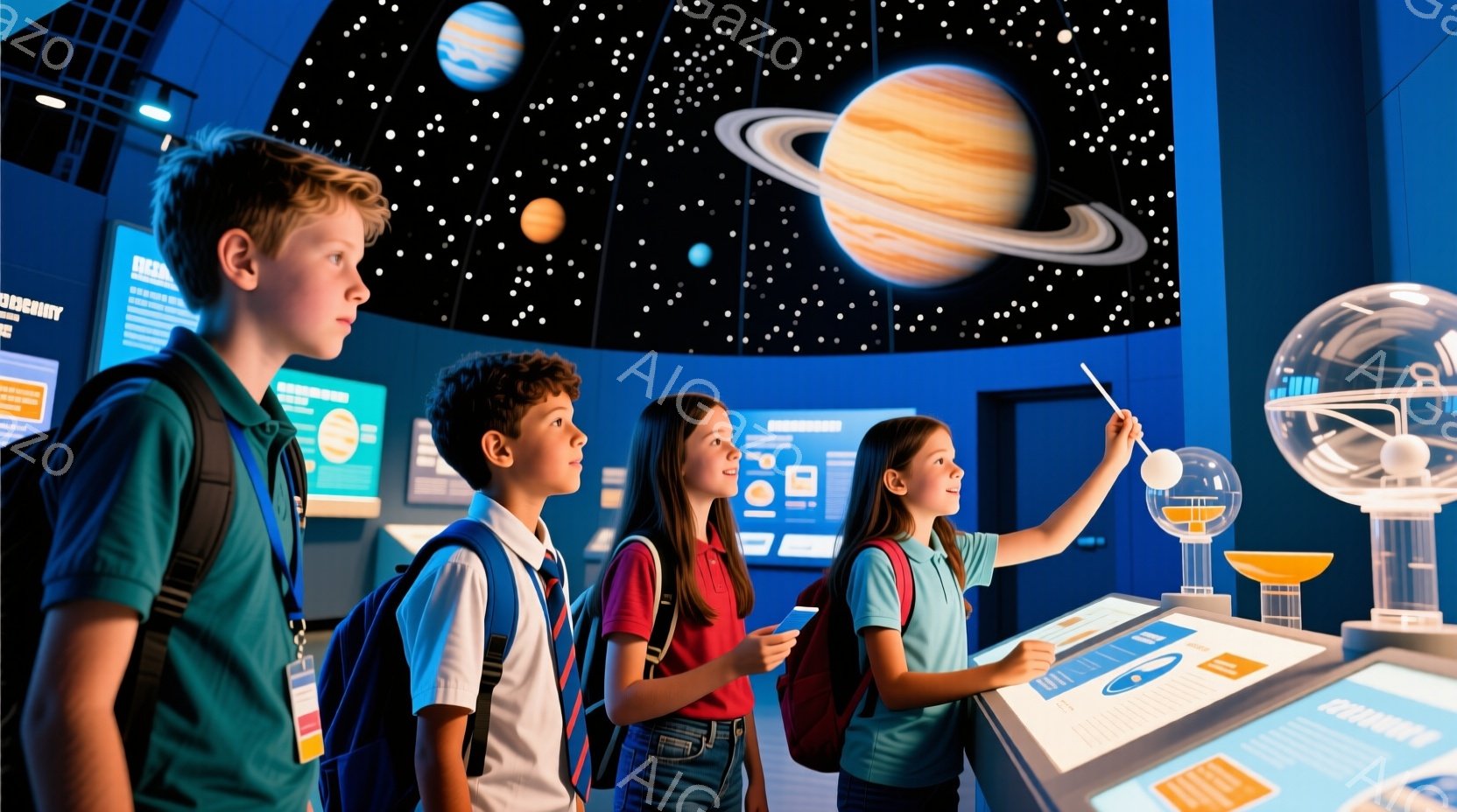 少年少女たちが科学博物館で展示を見学している様子が写っている。彼らは皆バックパックを背負い、カジュアルな服装で、興味津々な表情で展示に注目している。背景には惑星の模型や宇宙をテーマにした展示があり、博 - AI生成フリー素材