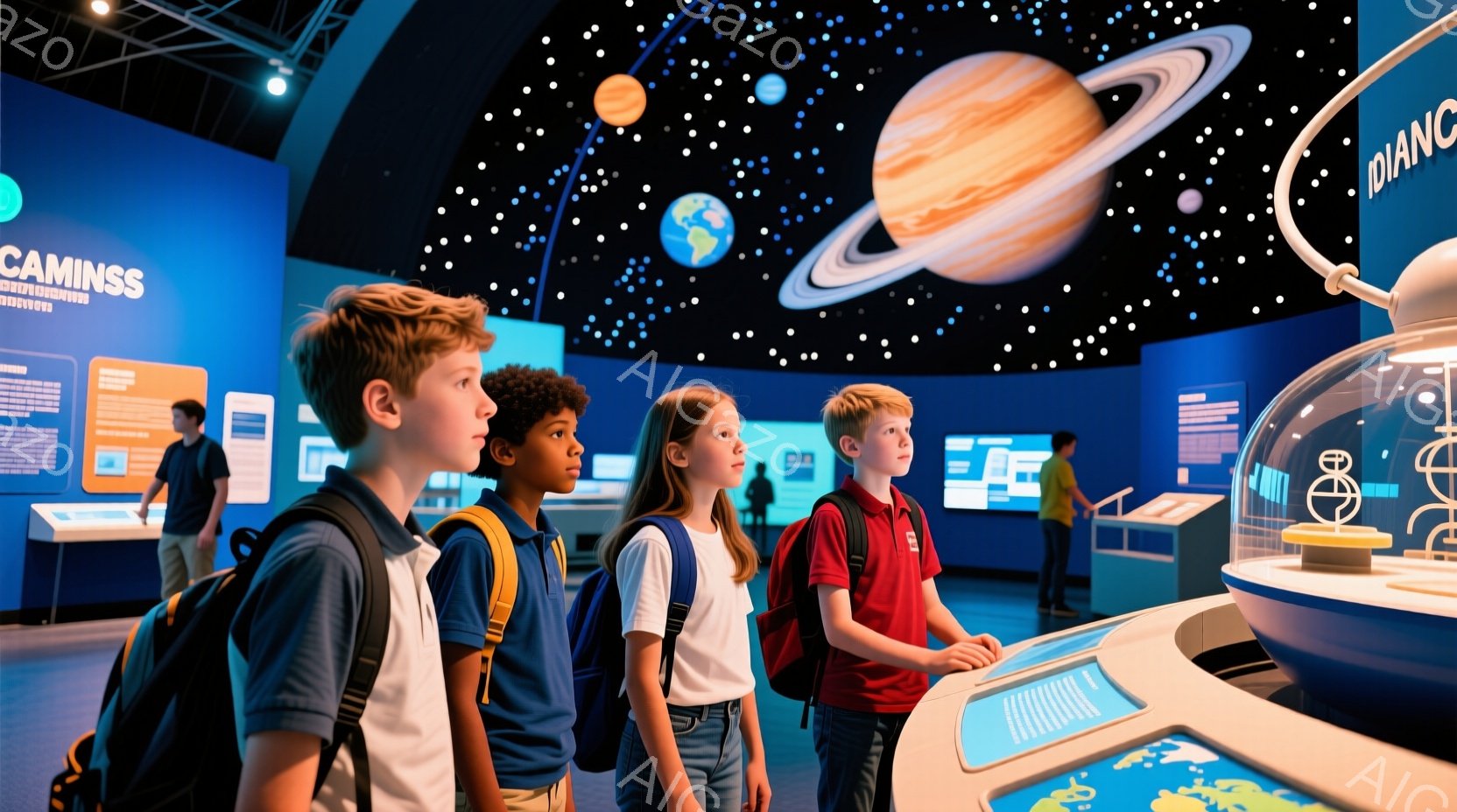 少年少女たちが博物館の展示を見学している様子が写っている。彼らは皆バックパックを背負い、興味深そうに展示物を見つめている。背景には惑星の模型や科学的な説明が並び、青い壁と暗い天井が宇宙空間を思わせる雰囲気を作り出している。