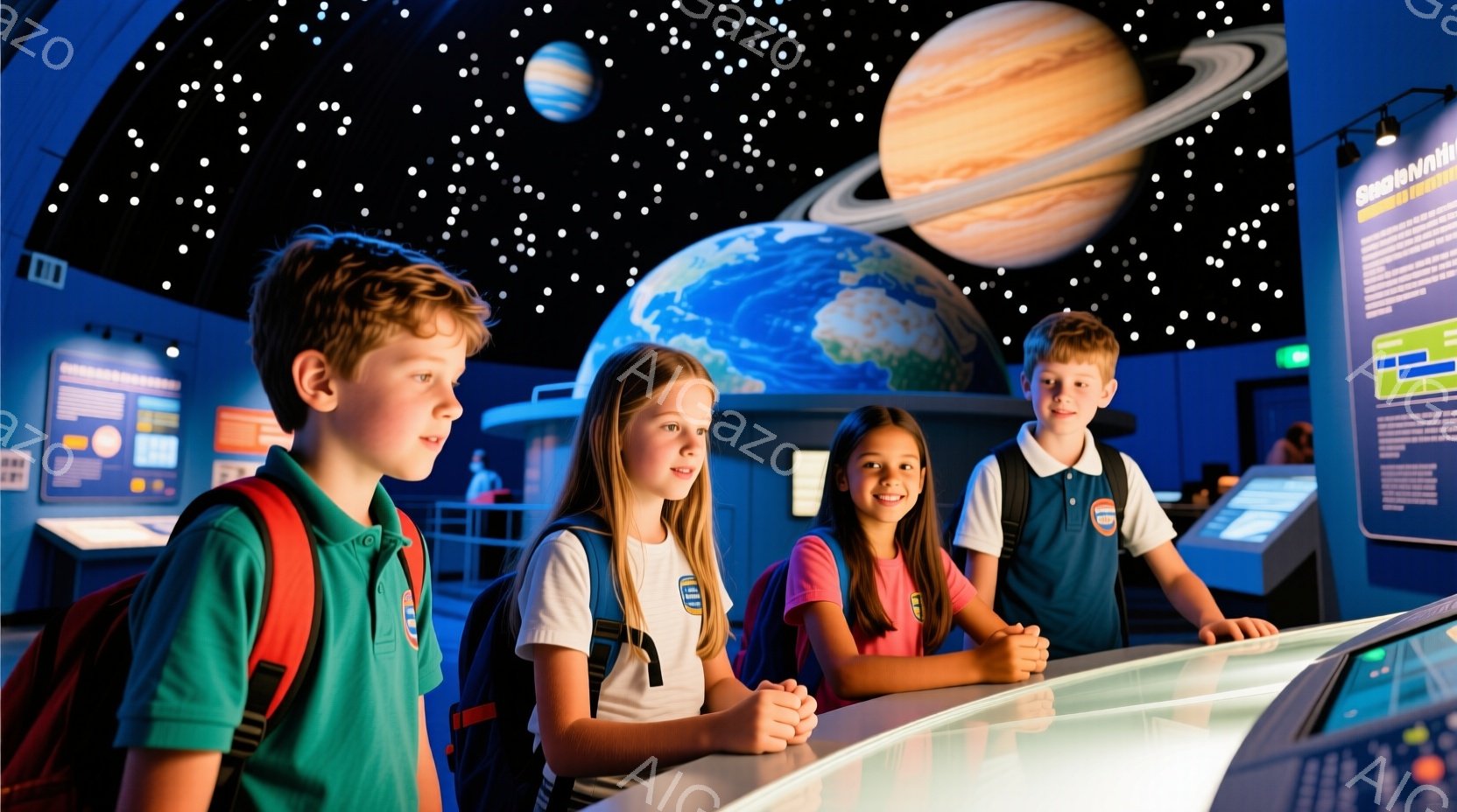 4人の子供たちが、科学博物館のような場所で、地球儀のような展示物を見ている様子が写っている。彼らは皆、青い襟のポロシャツとリュックサックを着ており、興味津々とした表情で展示物を見つめている。背景には、惑星の模型や展示の説明書きがあり、全体的に学習的な雰囲気である。