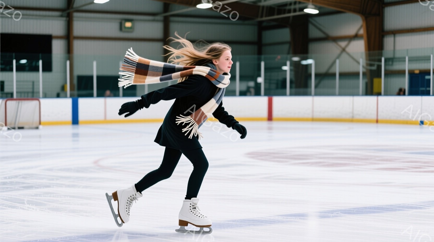 若い女性がアイススケートリンクで滑っている様子が写っている。彼女は黒い服にチェック柄のショールを巻き、白のスケート靴を履いている。リンクは明るく、背景にはぼやけた観客席が見え、活気のある冬の雰囲気が漂っている。