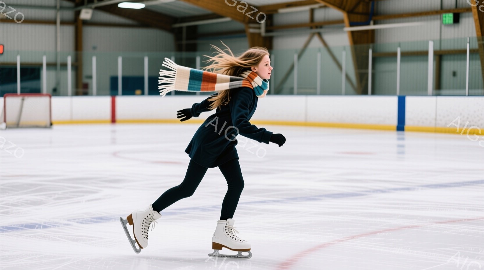 長いブロンドの髪をなびかせ、黒いジャケットと黒いレギンスを着た女性がアイススケートリンクで滑っている。彼女は白のスケート靴を履き、首にカラフルなマフラーを巻いている。リンクは広々としており、背景にはぼやけた観客席と屋根の構造が見え、全体的に活気のある雰囲気である。