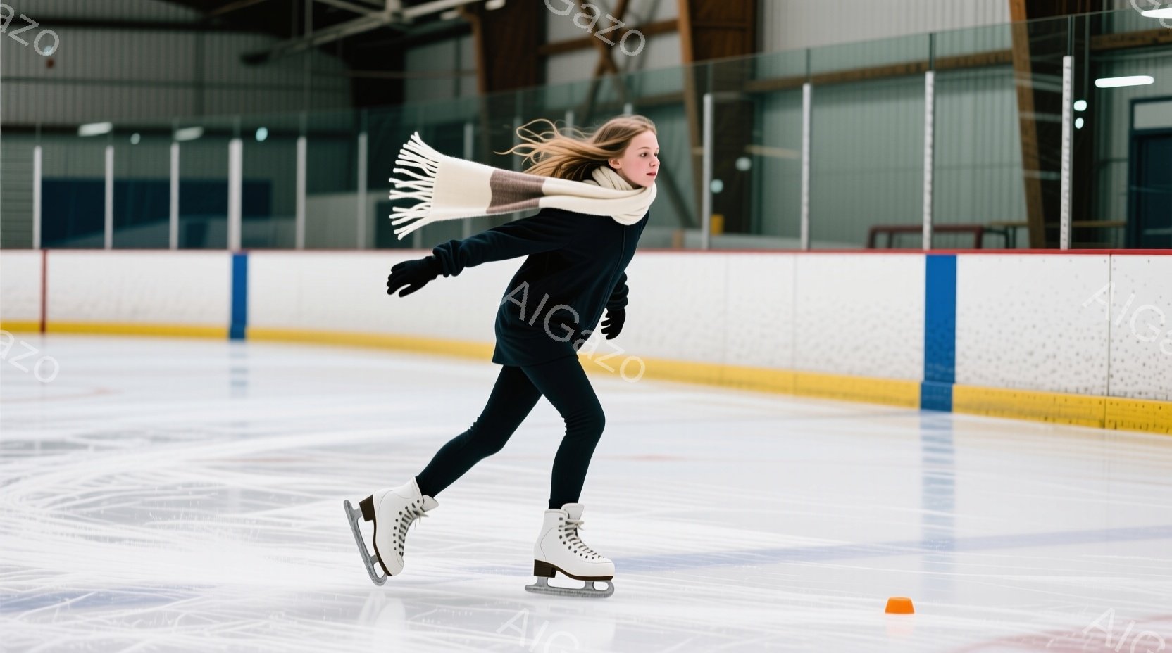 アイススケートリンクで女性が滑走している様子が写っている。彼女は黒い服に白いマフラー、手袋を着用し、金色の長い髪を後ろに流している。リンクは白く、縁には青と黄色のラインがあり、背景には屋内の構造物が見える。