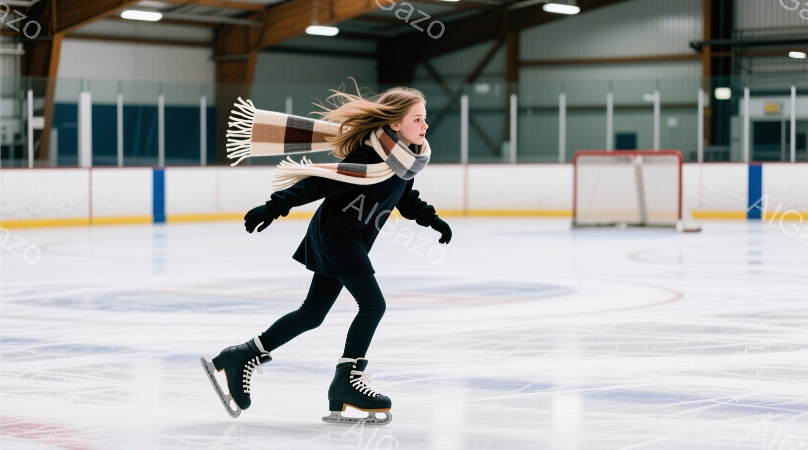金髪の少女がアイススケートリンクでスケートをしている様子が写っている。彼女は黒いズボンとジャケット、そしてストライプの白いマフラーを身につけ、髪は風になびいている。リンクは広く、背景にはゴールのネットが見え、室内競技場であることがわかる。