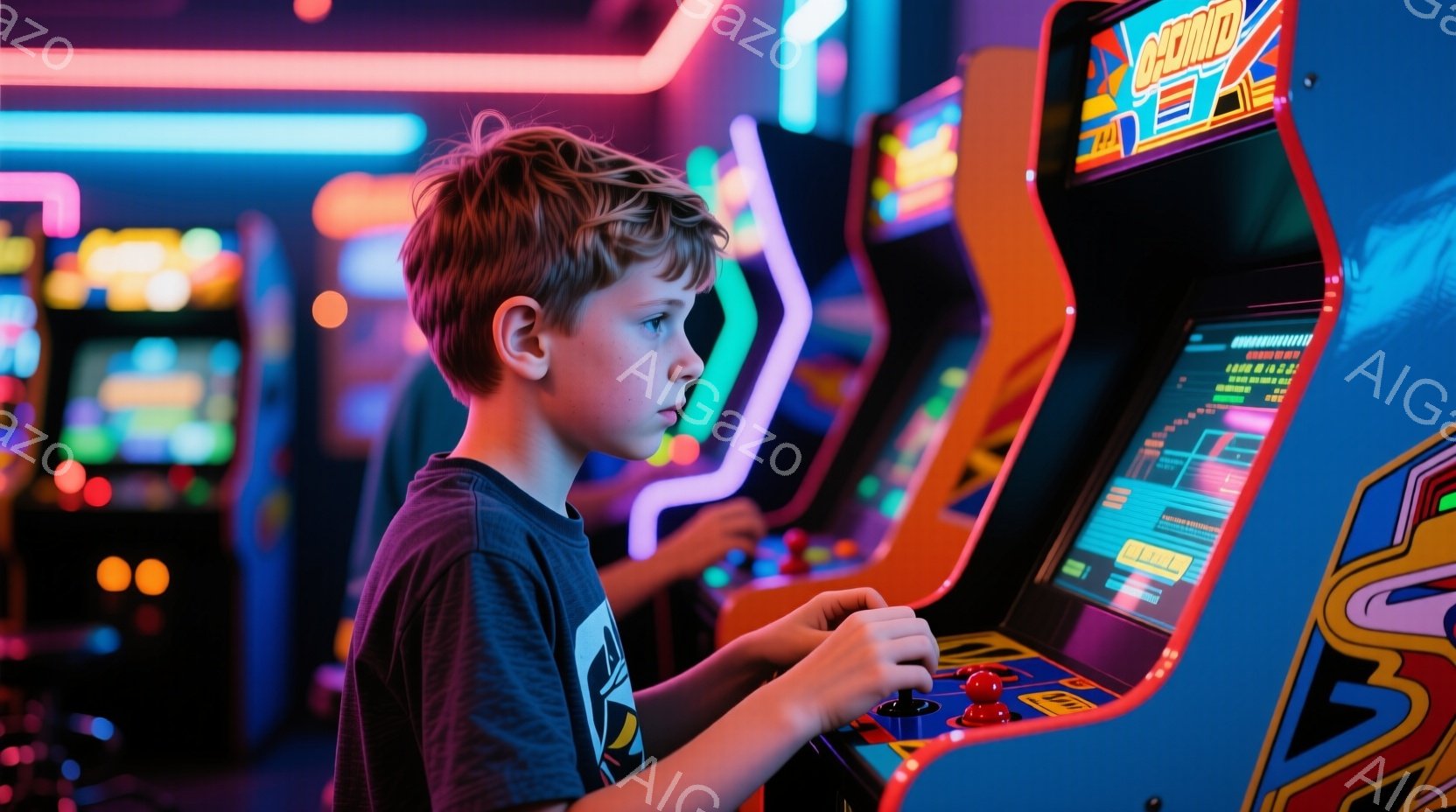少年はアーケードゲーム機に集中してプレイしています。彼は黒い模様の入ったグレーのTシャツを着ており、少しカールしたブロンドの髪をしています。ゲーム機のネオンライトが彼の横顔を照らし、集中した表情が際立 - AI生成フリー素材