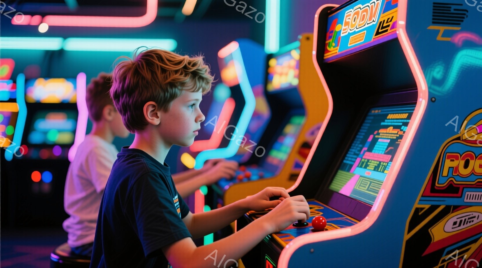若い少年がアーケードゲームに夢中でプレイしています。彼は黒いTシャツを着ており、ブロンドの髪は少しカールしています。背景には他のゲーム機が並び、ネオンライトが照らし出し、賑やかで楽しいゲームセンターの - AI生成フリー素材