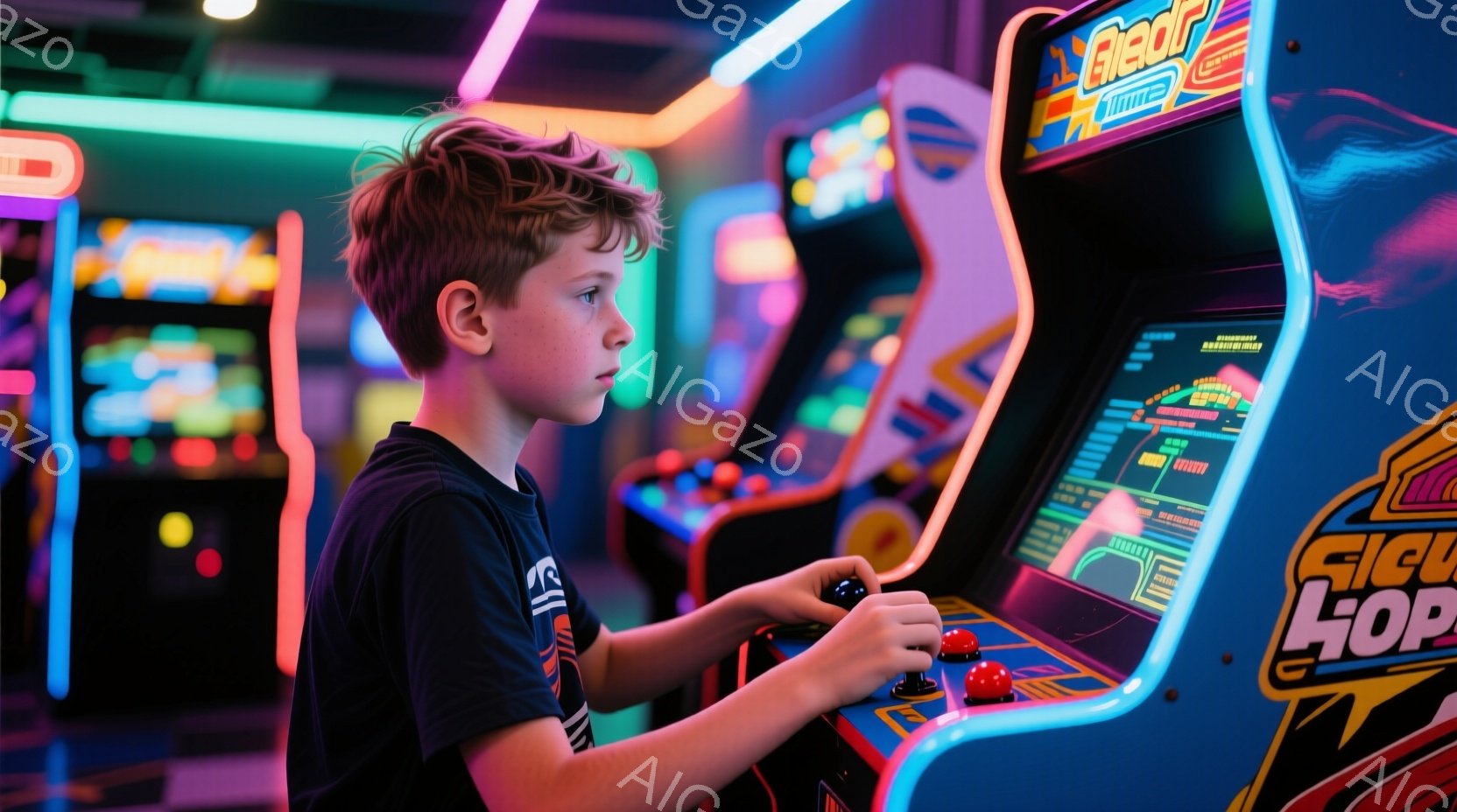 若い少年がアーケードゲーム機でゲームをしている様子が写っている。彼は短い茶色の髪を持ち、黒いTシャツを着ており、ゲームに集中した真剣な表情をしている。背景には他のゲーム機がぼやけて写っており、全体的にカラフルで活気のあるアーケードの雰囲気が漂っている。