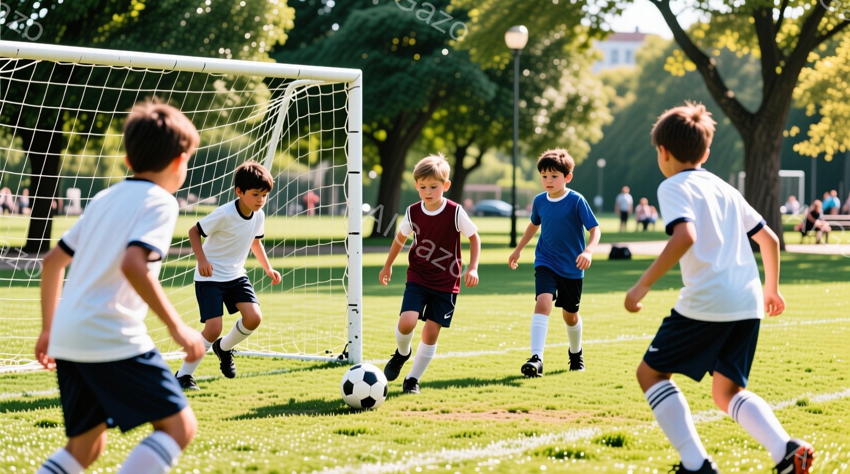 少年たちがサッカーの試合をしている様子が写っている。緑色の芝生の上で、白いシャツ、赤いシャツ、青いシャツを着た３人の少年がボールを追いかけ、走り回っている。背景には木々や建物が見え、晴れた日の穏やかな - AI生成フリー素材