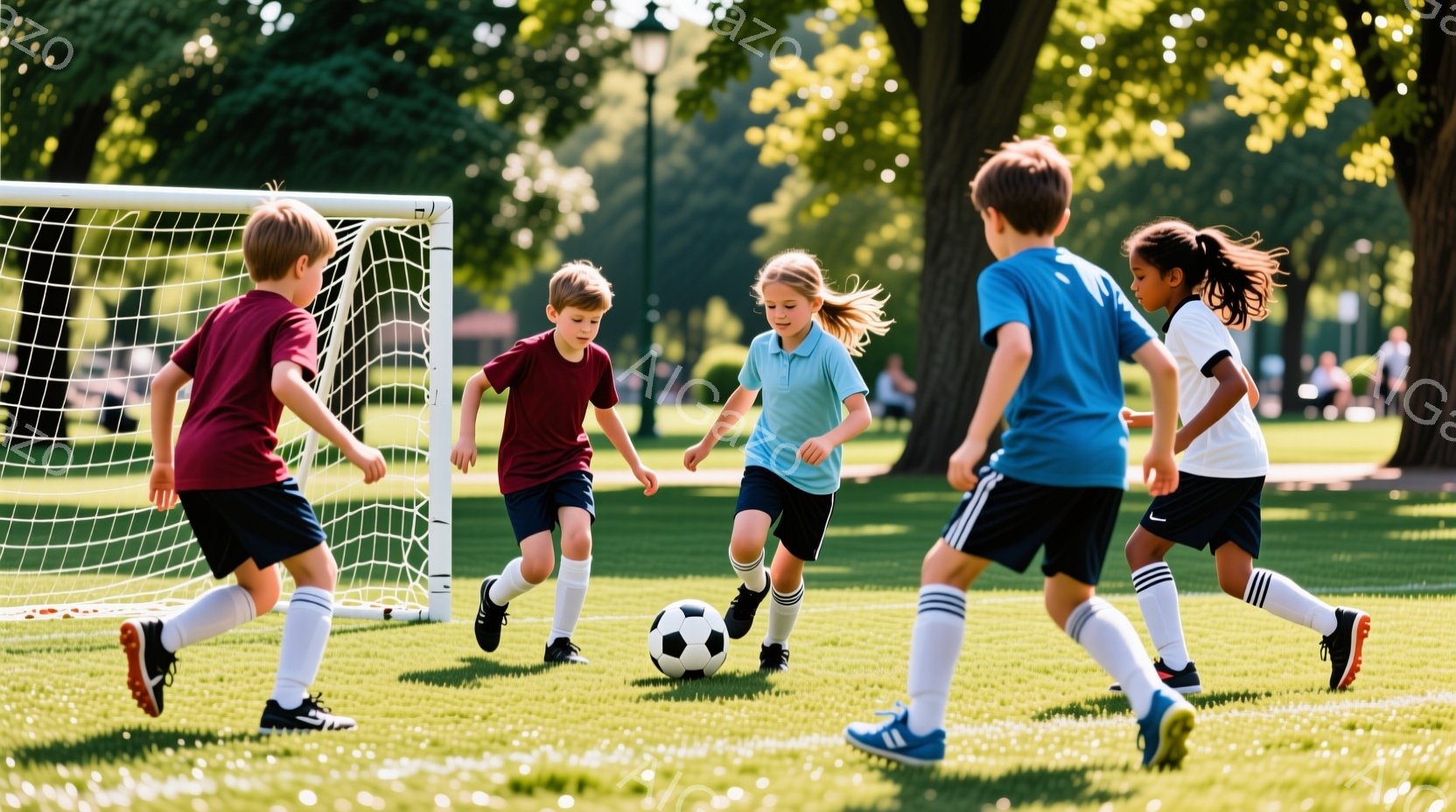 少年少女たちがサッカーの試合をしている様子が写っている。赤いシャツを着た少年、青いシャツを着た少年、そして白いシャツを着た少女がボールを追いかけて走っており、それぞれ白のソックスとスポーツシューズを履 - AI生成フリー素材