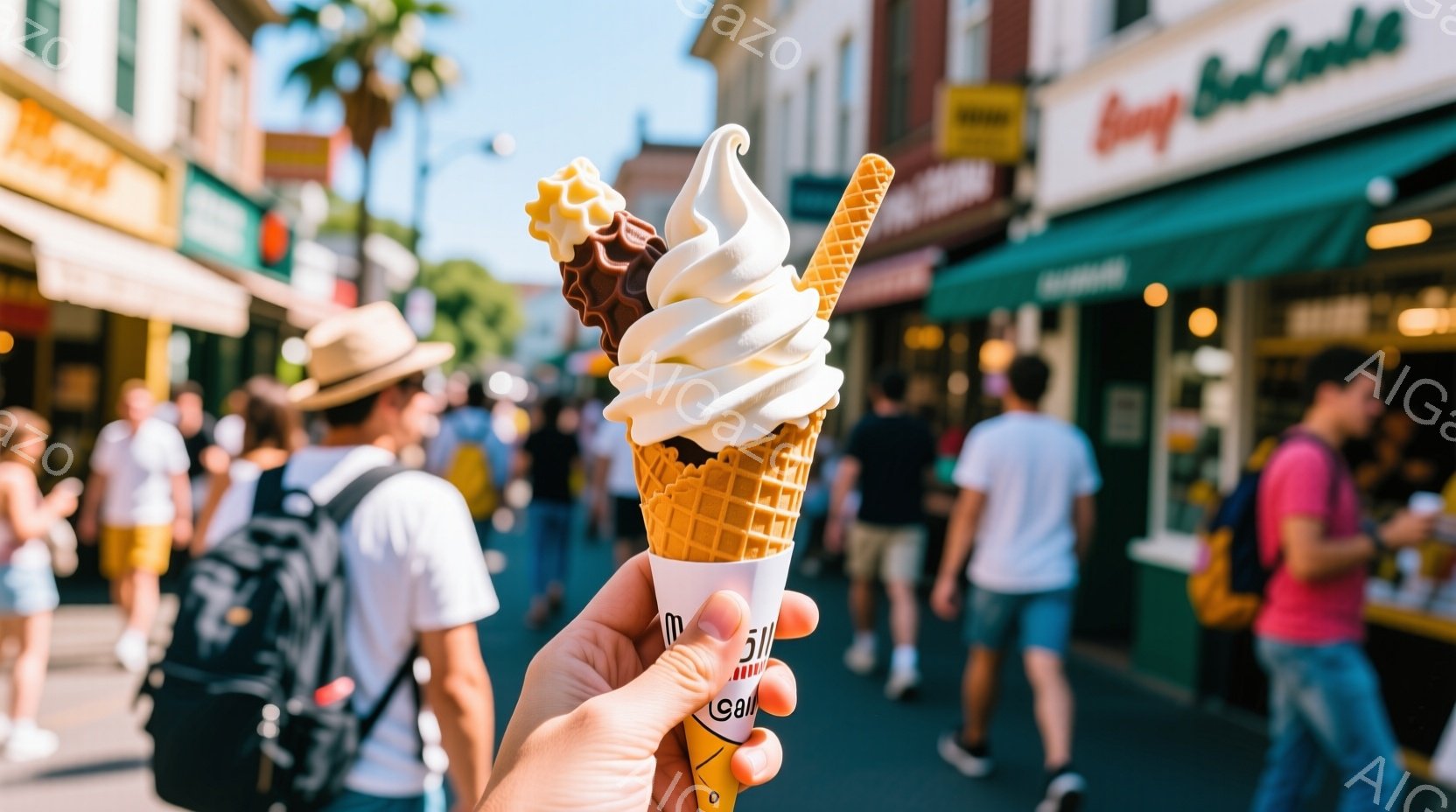 観光客で賑わう通りで、溶け始めたソフトクリームが手前に大きく映っている。人々はカジュアルな夏の服装で、Tシャツ、短パン、帽子などを着用し、楽しそうに歩いている。背景には、カラフルな店舗が並び、晴天の下、賑やかで活気のある雰囲気が漂っている。