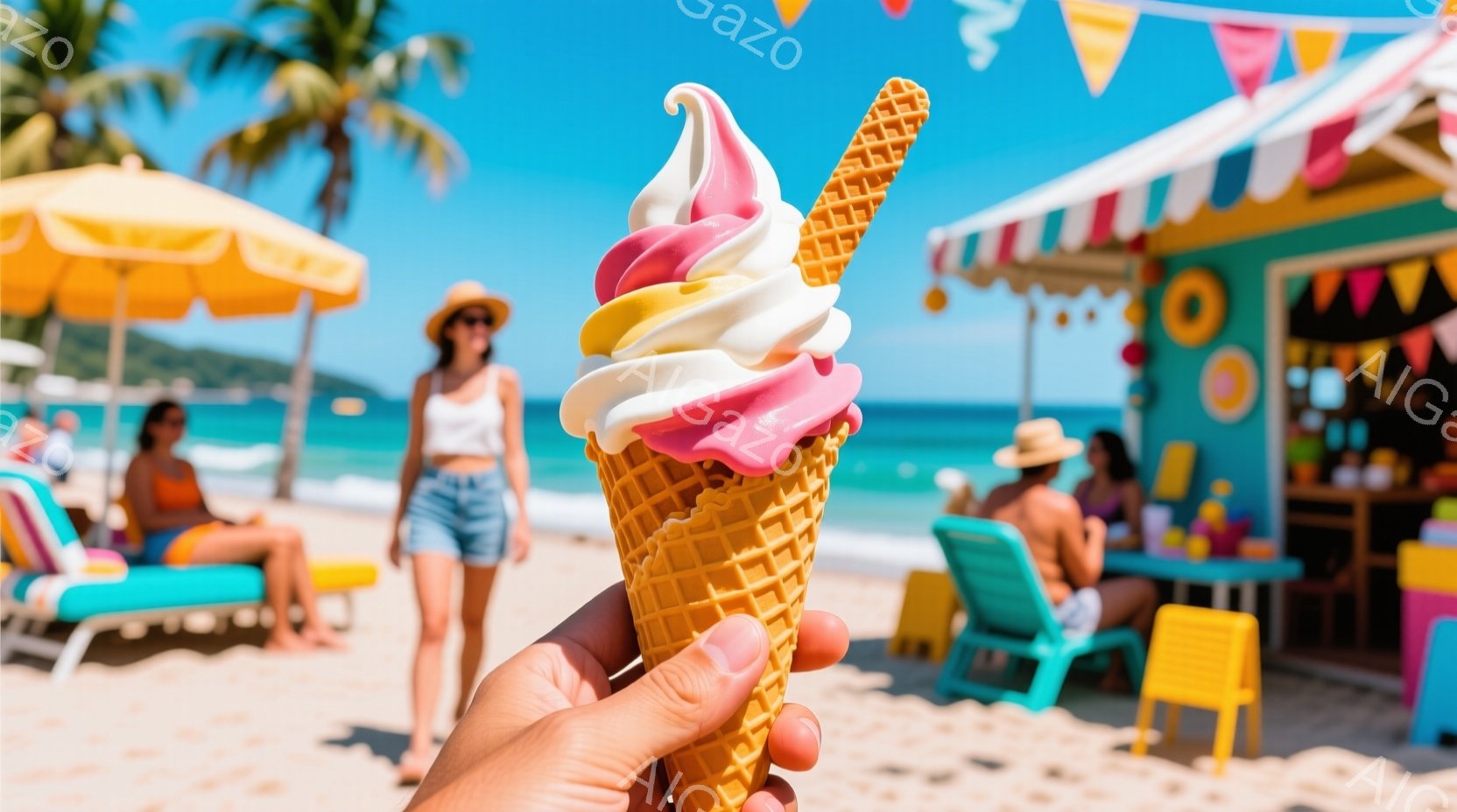 砂浜で、手にはピンク、黄色、白のソフトクリームが乗ったコーンがある。背景には、青い海とターコイズ色のビーチチェア、カラフルな建物が見え、人々がリラックスして日光浴を楽しんでいる。全体的に明るく、夏らし - AI生成フリー素材