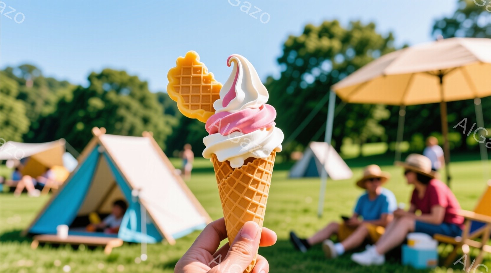 広々とした緑の芝生の上で、ピンクと白のソフトクリームがコーンホルダーで手前に大きく構えています。背景には、カラフルなテントやパラソルが点在し、人々がリラックスして座って過ごしている様子が見えます。晴天で、ピクニックやキャンプを楽しむ、のどかな雰囲気が伝わってきます。
