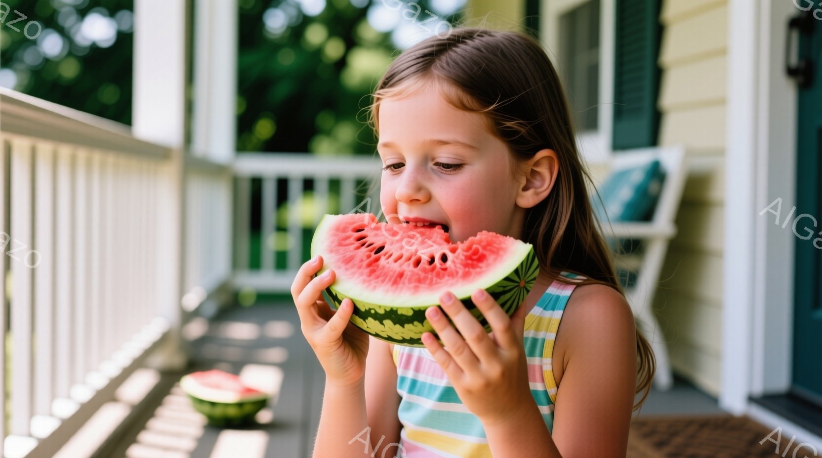 金髪の少女が、縞模様のカラフルなワンピースを着て、大きなスイカにかぶりついている。彼女は片手にスイカを持ち、もう片方の手で頬を支えながら、嬉しそうに微笑んでいる。背景には、白い手すりと白い壁の建物が見え、夏の晴れた日の穏やかな雰囲気が感じられる。