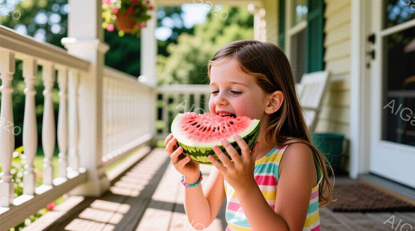 明るい日差しの中、少女が大きなスイカを頬張っている。彼女はカラフルなストライプのシャツを着ており、長い茶色の髪が肩にかかっている。背景には木製のベランダと白い家が見え、夏の陽気な雰囲気が漂っている。