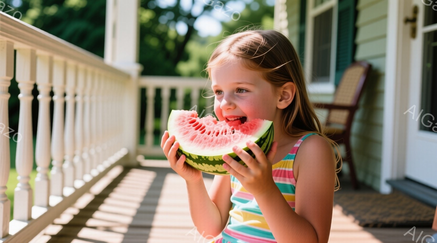 明るい日差しの中で、少女が大きなスイカを美味しそうに頬張っています。彼女はストライプのカラフルなタンクトップを着ており、金髪を無造作に後ろでまとめています。木製のベランダに立って、背景には白い家と緑豊 - AI生成フリー素材