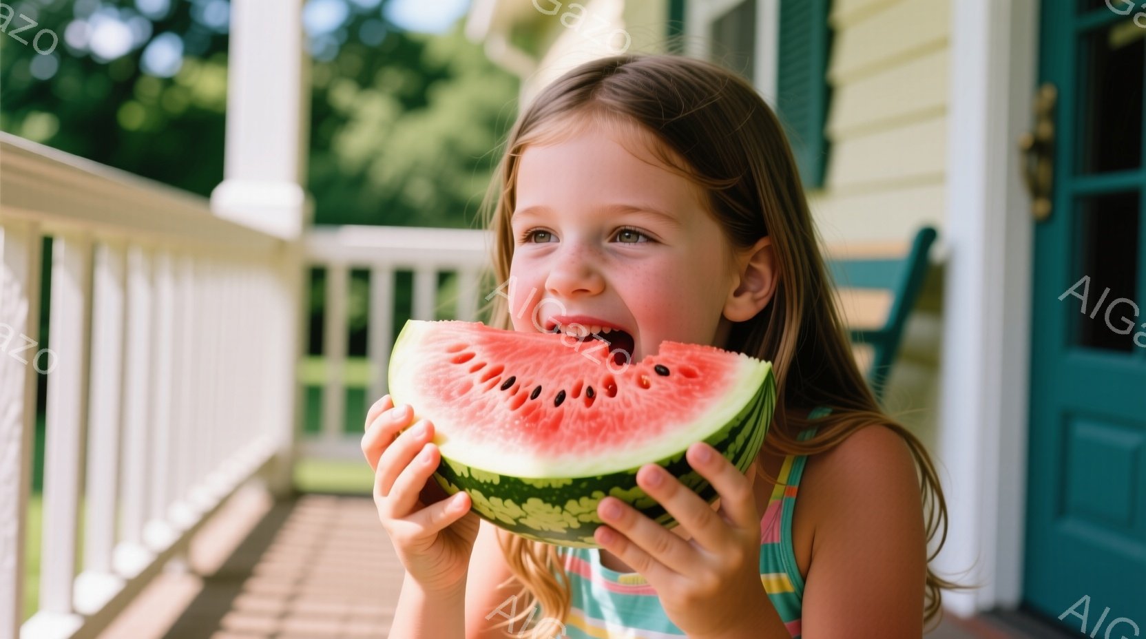 金髪をサイドで結んだ少女が、大きなスイカを口いっぱいに頬張っています。彼女は緑とピンクのストライプのトップスを着ており、満面の笑みを浮かべています。背景には白い木製のフェンスと、青い椅子、そして穏やかな日差しが差し込む建物の一部が見え、夏の楽しい雰囲気が漂っています。