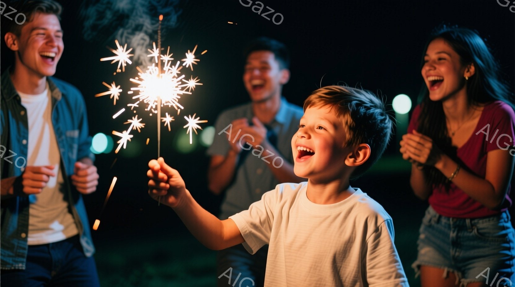 少年が手に花火を持ち、満面の笑みを浮かべている。背景には、笑顔の大人たちがおり、夜空には小さな光が散りばめられている。全体的に、暖かく、楽しげな夜の雰囲気を感じさせる写真である。