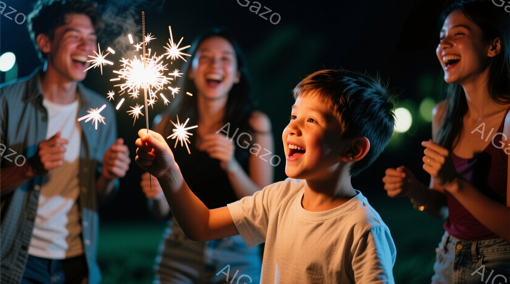 少年が手に花火を持って興奮して笑っています。彼は白いTシャツを着ており、短くカットされた髪をしています。背景には、楽しそうに笑う女性と男性がおり、暗い夜の自然の中にいるようです。