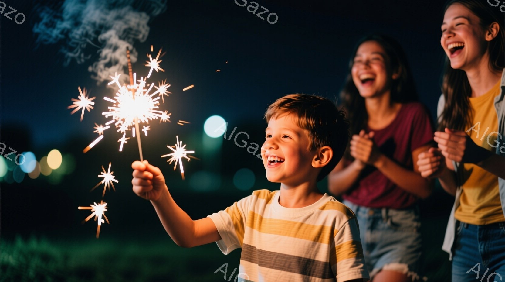 夜空を背景に、少年と二人の少女が花火を楽しんでいる様子が写っている。少年はストライプのシャツとジーンズを身につけ、満面の笑みを浮かべながら花火を持っている。背景にはぼやけた街灯が見え、夜空は暗く、二人 - AI生成フリー素材