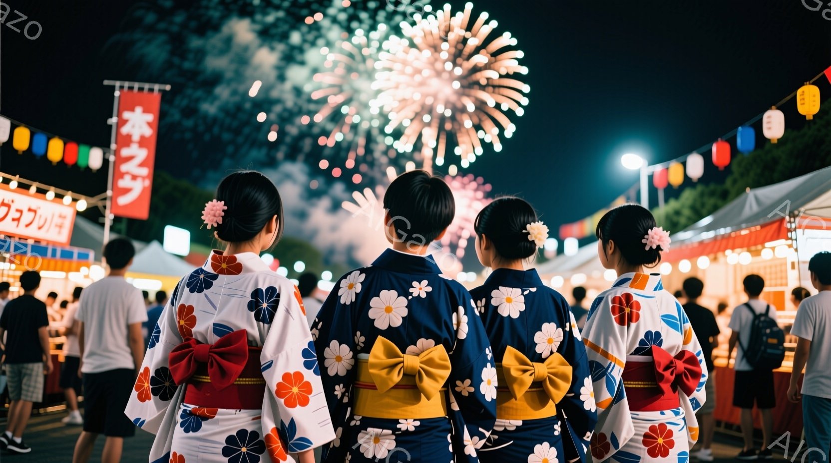 夏祭りの夜、浴衣を着た女性たちが花火を見上げています。浴衣は白地に赤やピンクの花柄が描かれており、後ろでリボン結びがされています。背景には屋台が並び、たくさんの人々で賑わっており、活気あふれる夏の夜の雰囲気が伝わってきます。